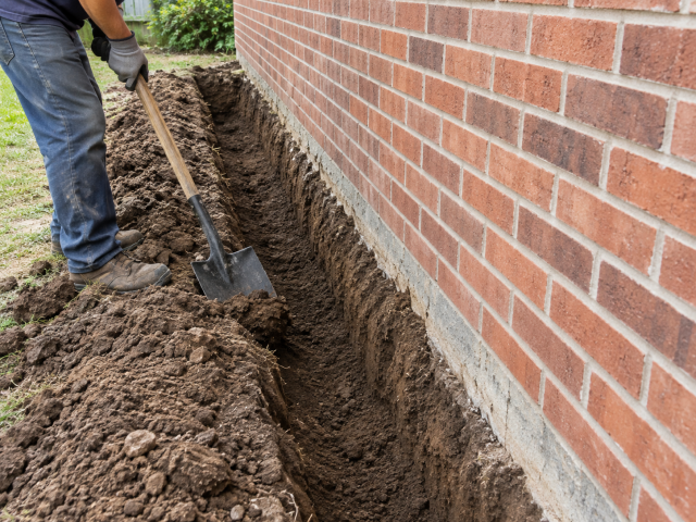 Narrow trench being dug with a shovel along a brick foundation wall, ready for a chemical termite barrier to be installed