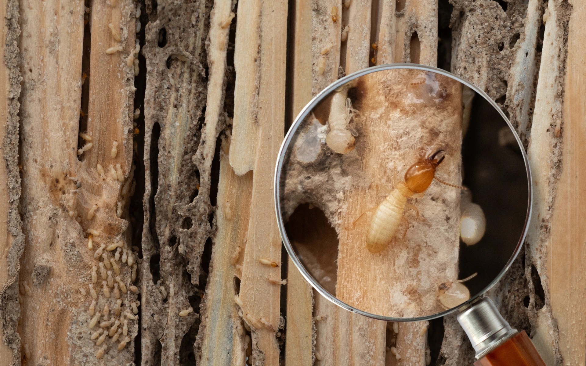 Magnifying glass held over a termite colony tunnelling through damaged house timber